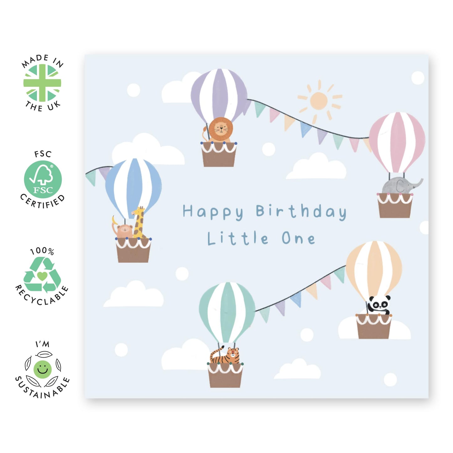 Cute Animals First Birthday Card for Babies - 'Hot Air Balloons Baby' - Gifts for Nephew, Niece, Grandchildren, Toddler, Children, Boys, Girls - 1 Year Old - Comes with Fun Stickers