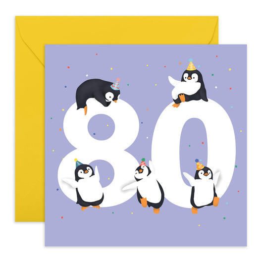 80th Birthday Card For Men Women - Penguin Age 80 - Grandparents Birthday Greeting Card - Animal Birthday Card - Happy Eightieth Birthday Card - Comes With Fun Stickers - By Central 23