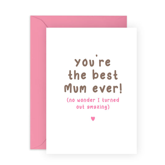 Mum Birthday Cards - Best Mum Ever! - Simple Thank You Gifts For Her, Mummy, Mam, Mama, Ladies, Women from Son Daughter Family - Pink Mothers Day Card -Comes With Fun Stickers