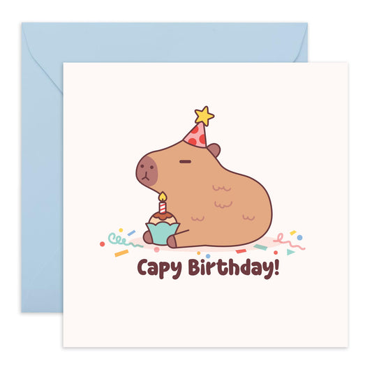 Cute Birthday Card - 'Capy Birthday Kawaii' - Gifts for Friends, Coworkers, Colleagues, Kids, Children - Cupcake and Candle - Comes with Fun Stickers