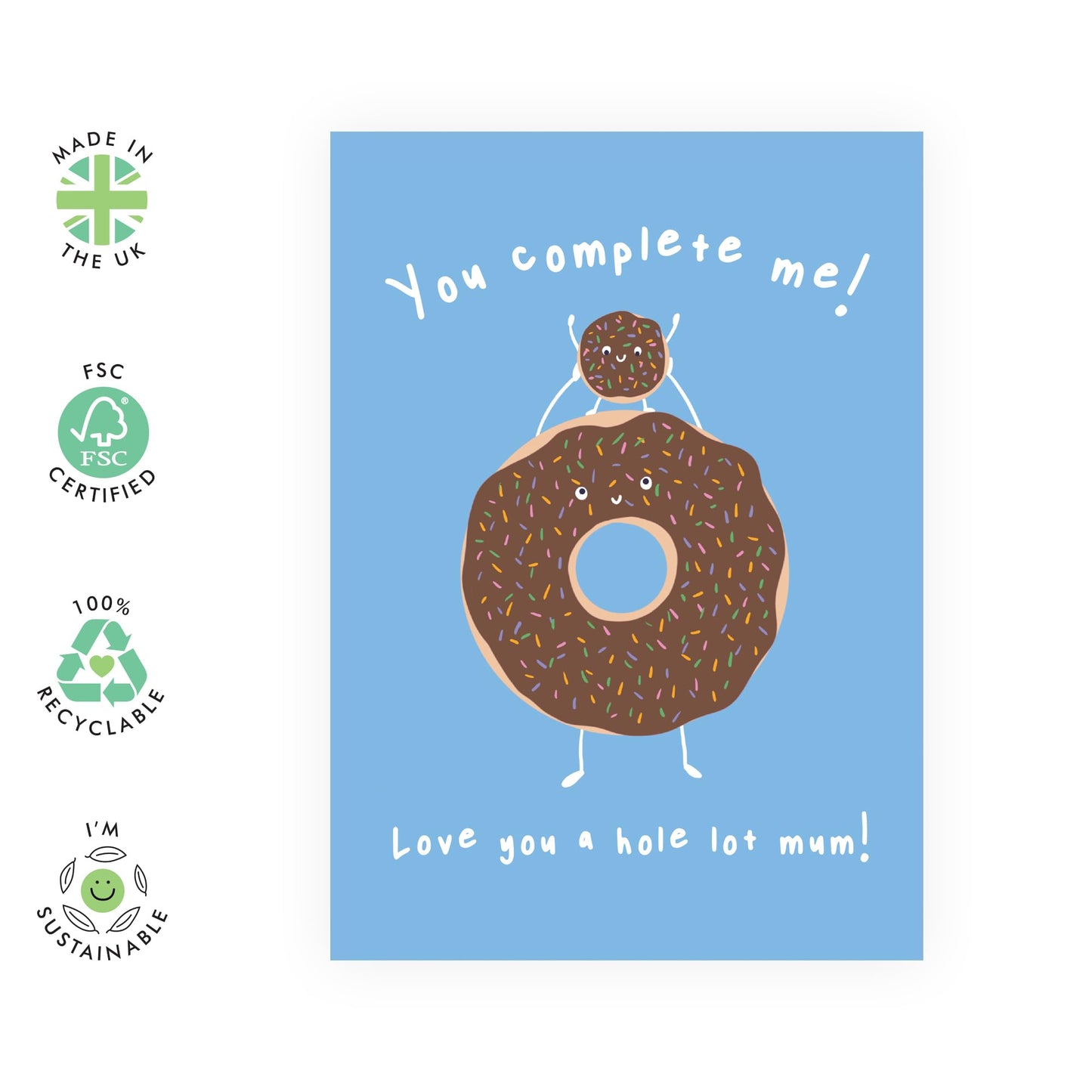 Mum Birthday Card Funny - You Complete Me Donut - Mothers Day Card For Her Women Mama Mummy Mam from Son Daughter - Funny Gifts For Her - Lovely Thank You Gifts - Comes With Stickers