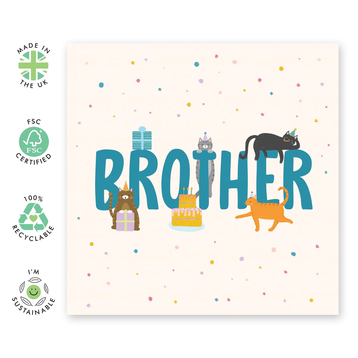Brother's Birthday Greeting Card - 'Birthday Cats Brother' - Gift for Step Bro, Bruv, Lad, Mate, Sibling, Boys, Guys, Him - Cat In Hats - Comes with Fun Stickers