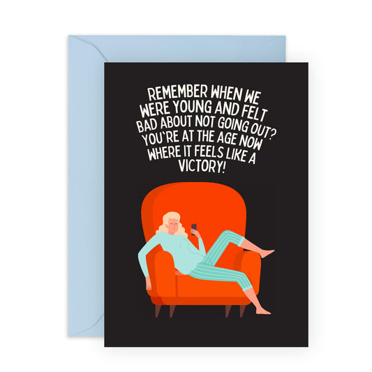 Humorous Birthday Card - 'NOT GOING OUT VICTORY' - Celebrate with a Playful Nod to Enjoying the Comforts of Home - Fun Way to Celebrate Their Birthday - Includes Envelope and Stickers by Central 23