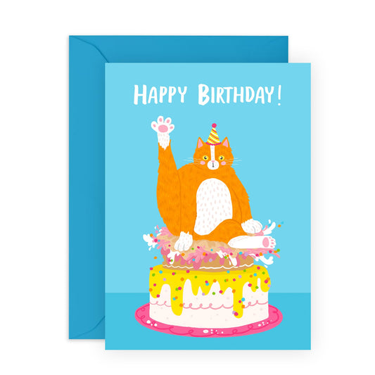 Happy Birthday Cards For Men Women - Happy Birthday Cat Squished Cake Blue - Animal Greeting Card For - Birthday Card For Her Him - Gifts For Brother Sister - Comes With Fun Stickers - By Central 23