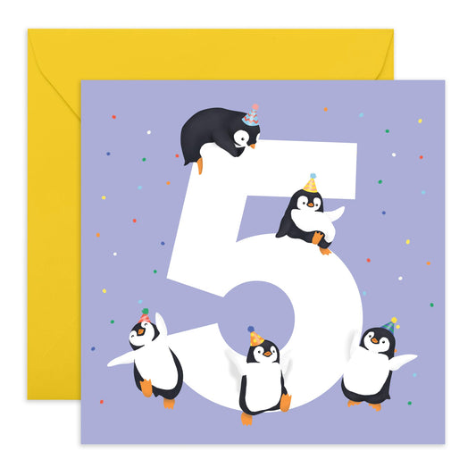 Fifth Birthday Card For Boys Girls - PENGUIN AGE 5 - Toddler Milestone Cards Age Five - Fifth Birthday Cards For Niece Nephew - Gifts For Daughter Son - Comes With Sticker By Central 23