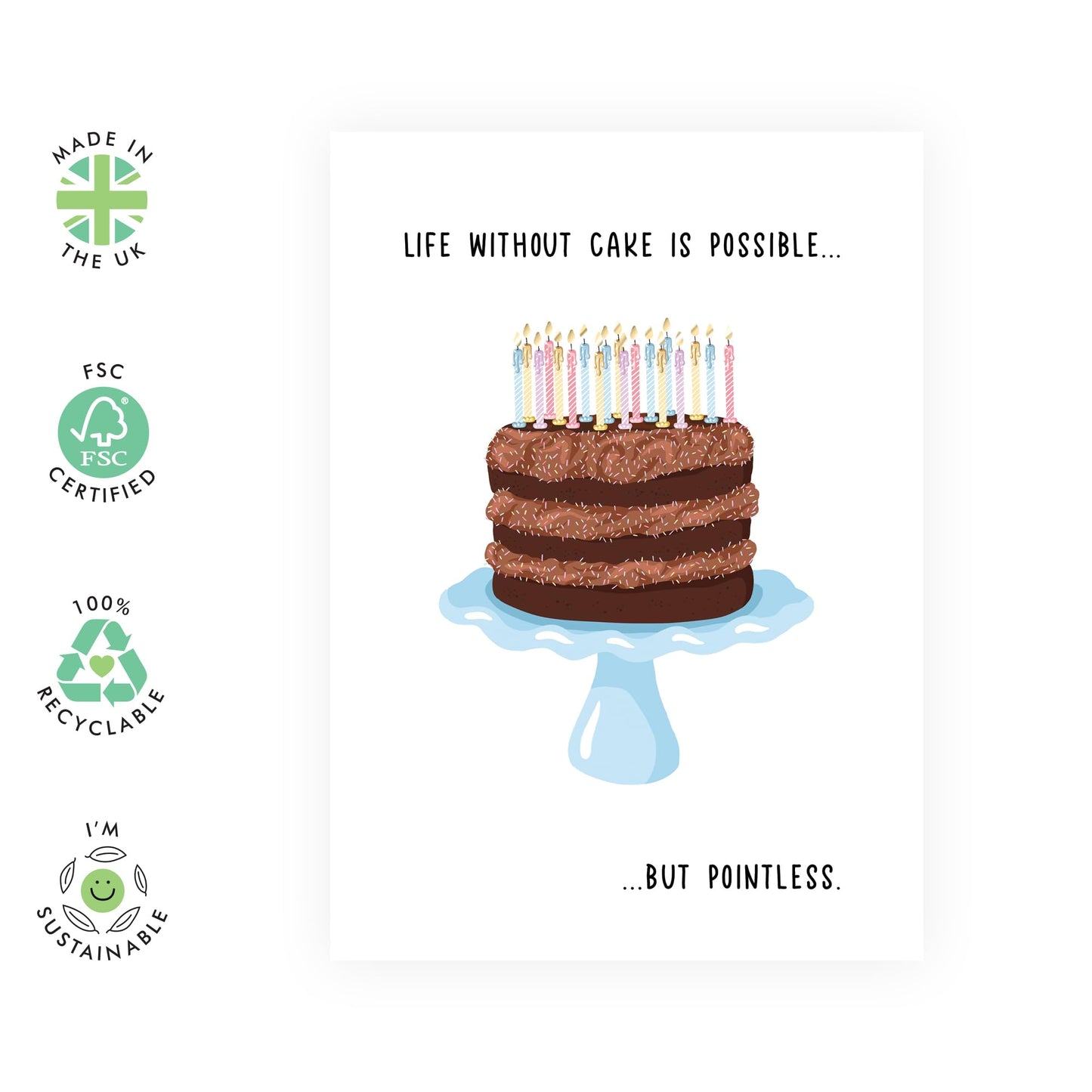 Funny Birthday Card – "Life Without Cake Is Pointless" – Humorous Greeting Card for Cake Lovers, Her, Him, Woman, Men, Friends, Family, Birthdays, and Celebrations-Comes with Fun Stickers