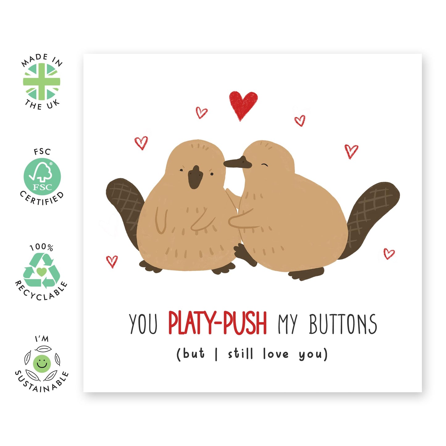 Valentines Card For Girlfriend Boyfriend Partner - You Platy-push My Buttons Platypus - Wedding Anniversary Card For Husband Wife - Romantic Card For Him Her - Comes With Fun Stickers By Central 23