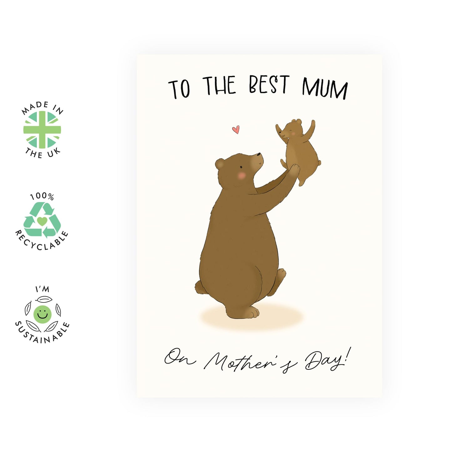 Cute Mother’s Day Card – "To the Mum" Bear & Cub Illustration Gift for Mum, Mummy, Mama, Ma, Mam, Her, She, Women, Ladies from Son or Daughter - Sweet Mother and Child Greeting - Comes with Stickers