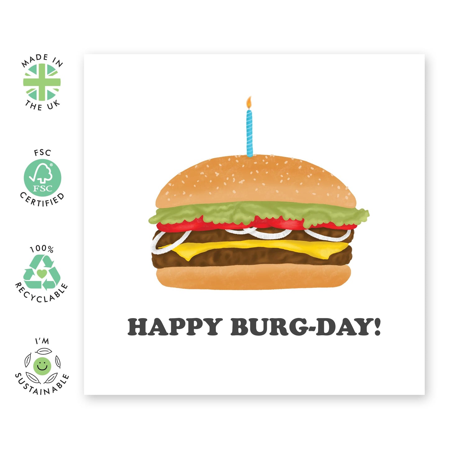 Burger Birthday Card – Happy Burg-Day – Cheeseburger Greeting for Him, Her, Friends, Partner, Husband, Wife, Boyfriend, Girlfriend, Colleagues, Men, Women, Food Lovers - Comes with Fun Stickers