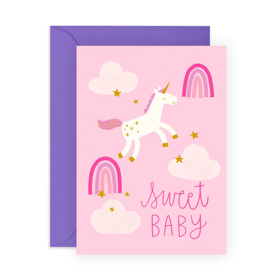 Greeting Card - 'SWEET BABY UNICORN' - Perfect for Celebrating the Arrival of a New Baby Girl with a Touch of Sweetness - Ideal for Announcements or Baby Showers - Comes with Stickers by Central 23