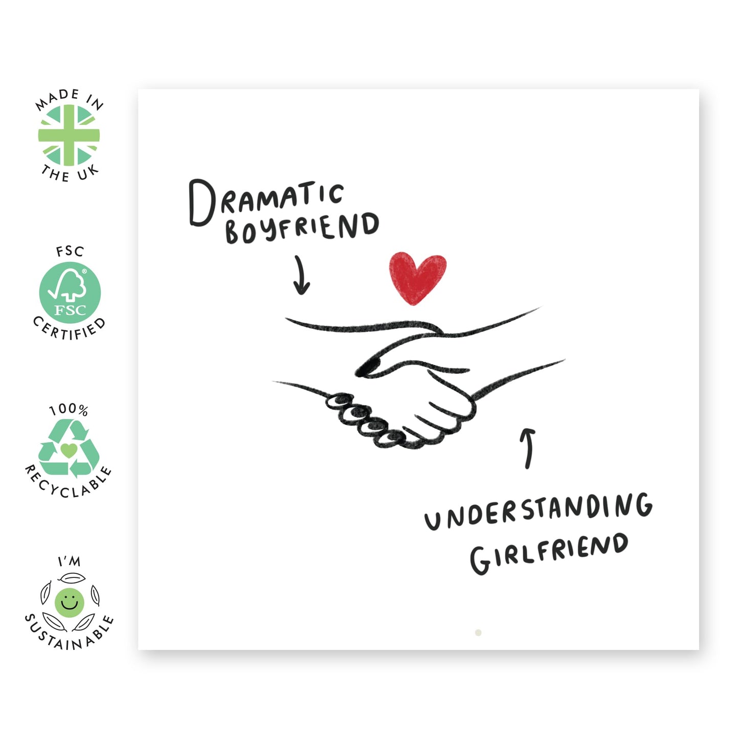 Love Greeting Card - 'Dramatic BF Understanding GF' - Gifts for Girlfriend, Boyfriend, Partner, Couples, Babe, Her, Him - Sweet Handshake - Comes with Fun Stickers