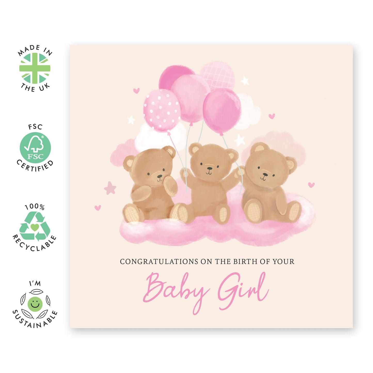 Gender Reveal Card - 'Congratulations Baby Girl Teddy' - Gifts for Friends, Colleagues, Co-workers, Bruv, Brother, Sister - New Born Baby - Comes with Fun Stickers
