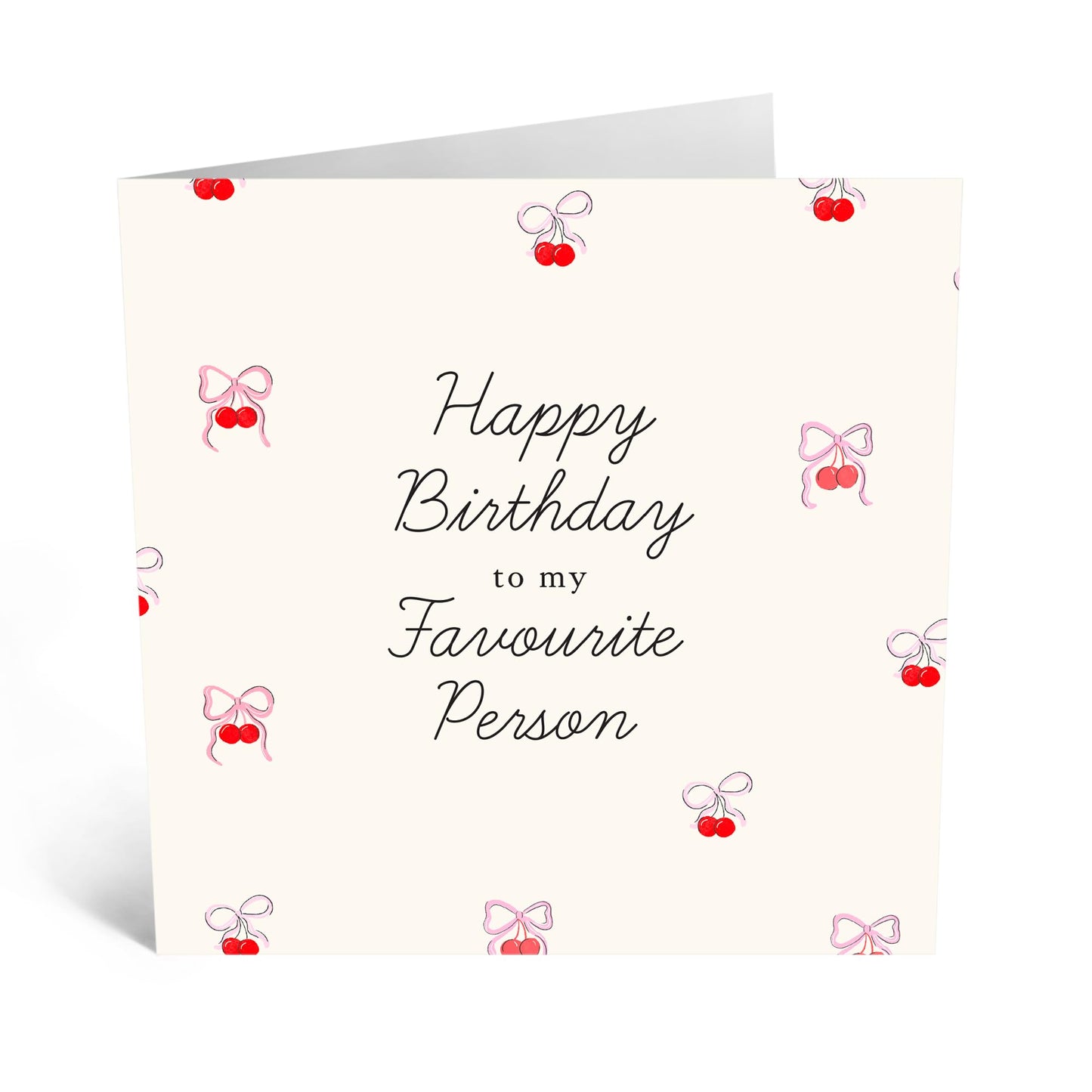 Cute Birthday Card for Her – "HBD Favourite Person" – Gifts for Bestie, BFF, Her, Girlfriend, Wife, Sister, Daughter, Women, Colleagues, Coworkers - Pink Bows & Cherries - Comes with Fun Stickers