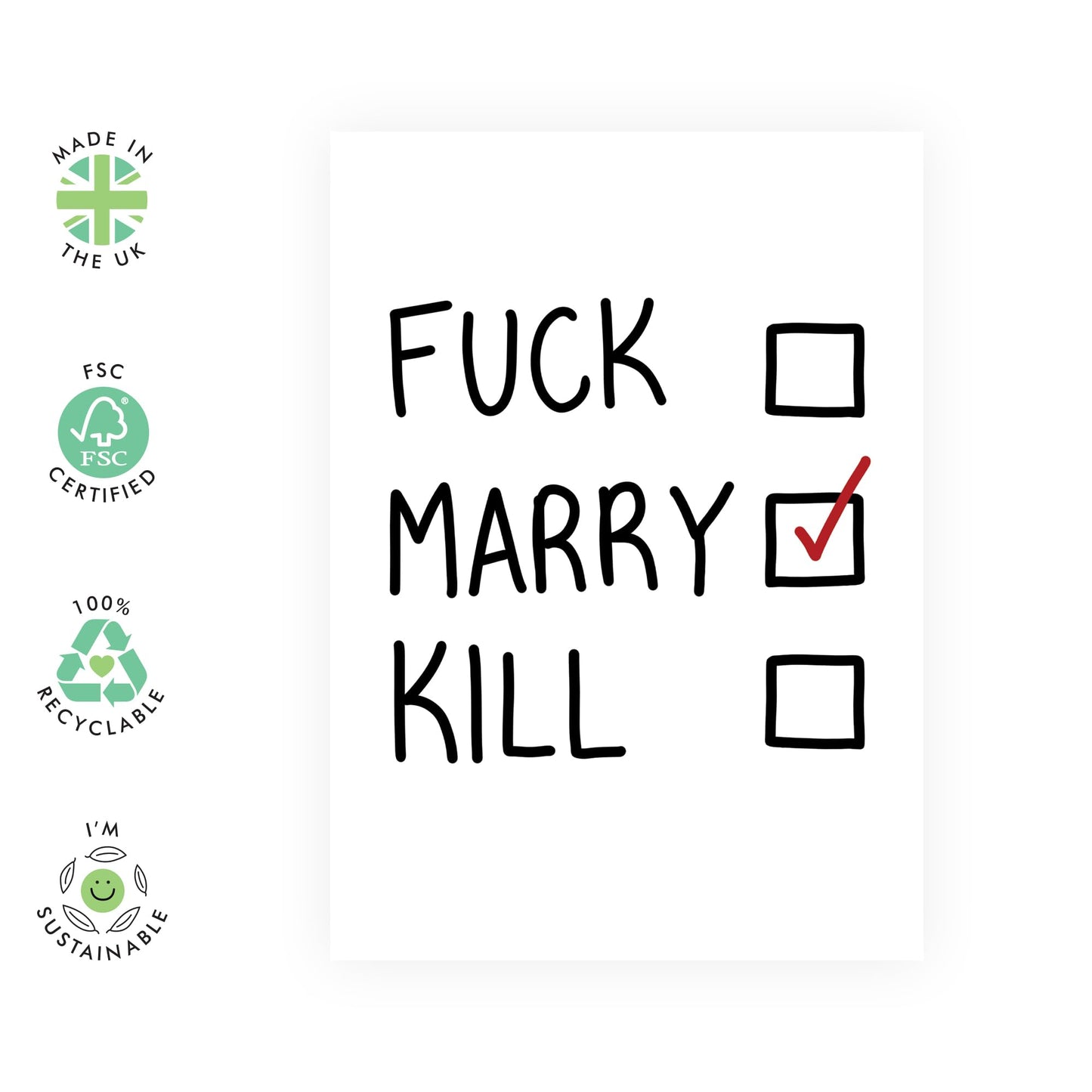 Hilarious Checkbox Engagement Card - 'F*ck Marry K*ll' - Gifts for Fiance, Fiancee, Him, Her, Babe, Other Half - List of Choices - Comes with Fun Stickers
