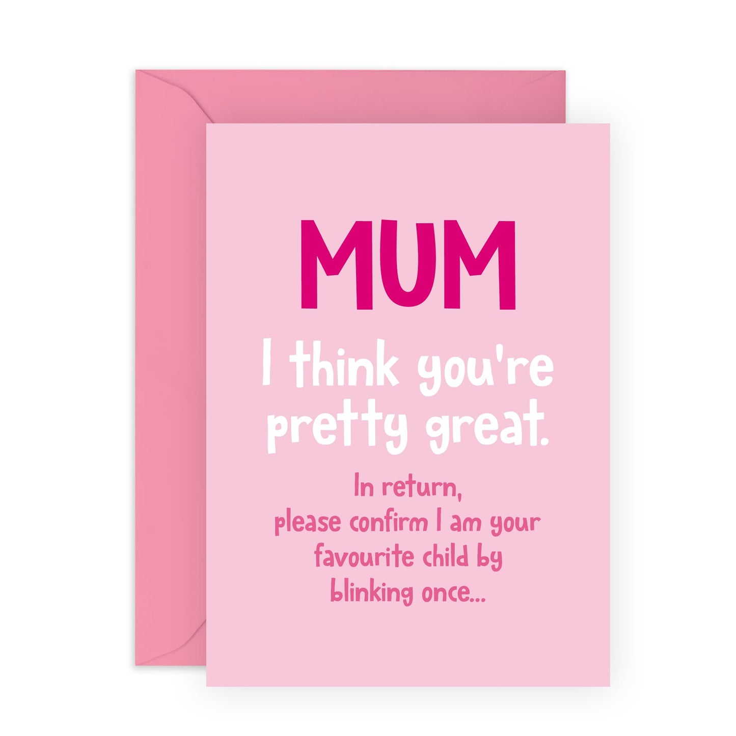 Pink Birthday Card for Great Mothers - 'Mum Blink To Confirm' - Gifts for Mummy, Mam, Mama, Mammy from Son or Daughter - Favouritism - Comes with Fun Stickers