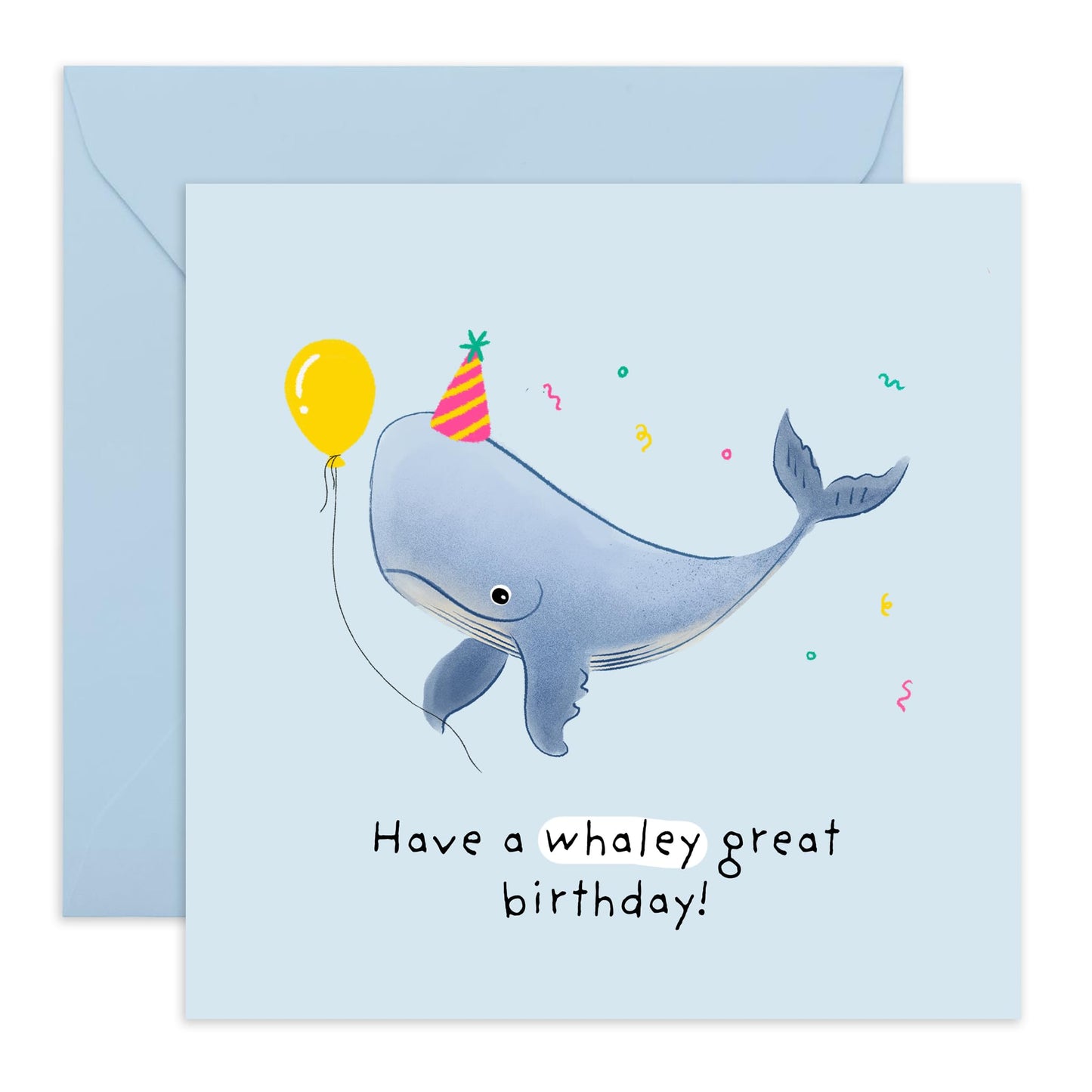 Birthday Card Whale & Balloon - 'Whaley Great Birthday' - Gifts for Him, Her, Friend, Colleagues - Party Hat - Comes with Fun Stickers
