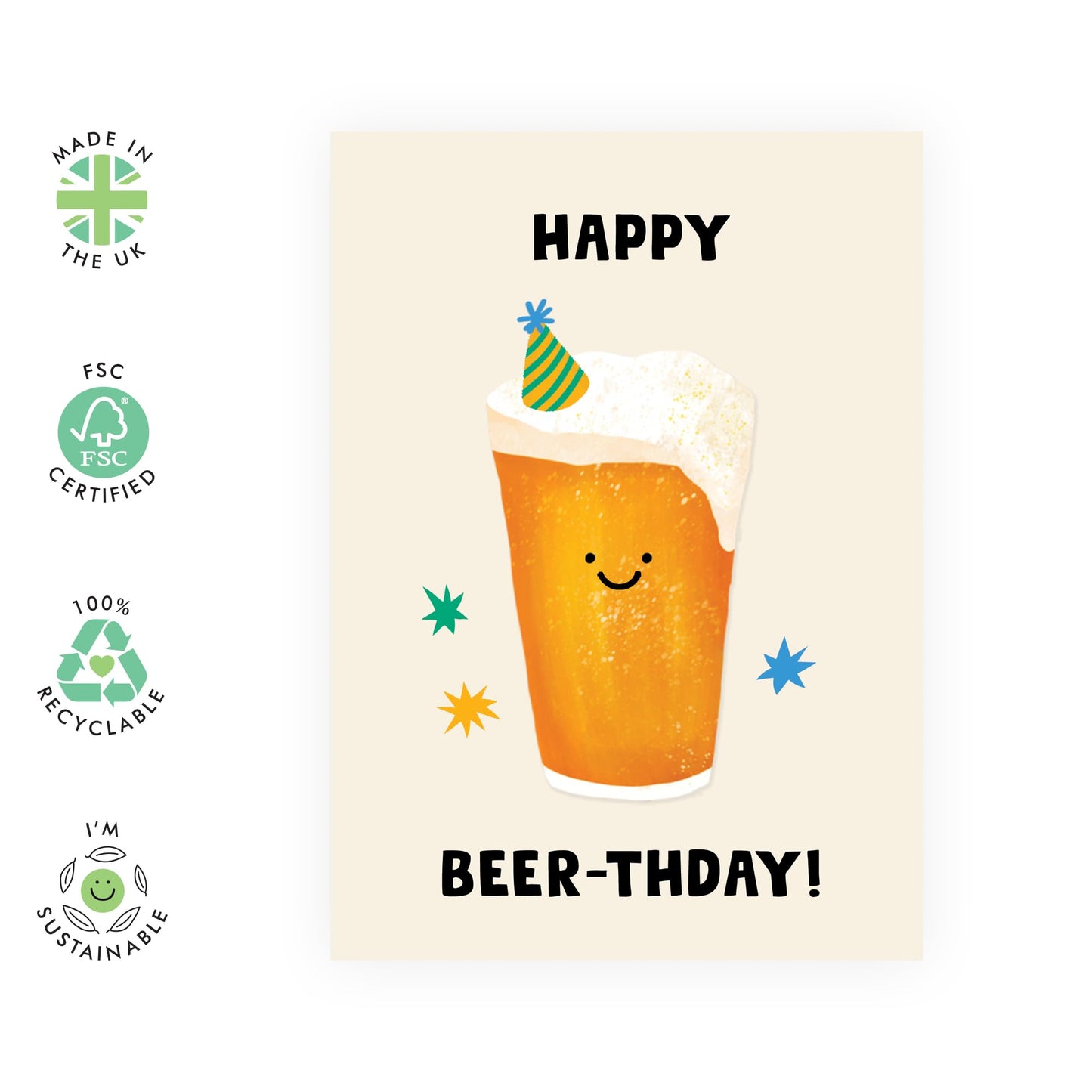 Humorous Birthday Card for Him – 'Happy Beer-thday' – Humorous Beer-Themed Card for Men, Guys, Dad, Brother,Uncle – Designed for Beer Lovers - Comes with Fun Stickers