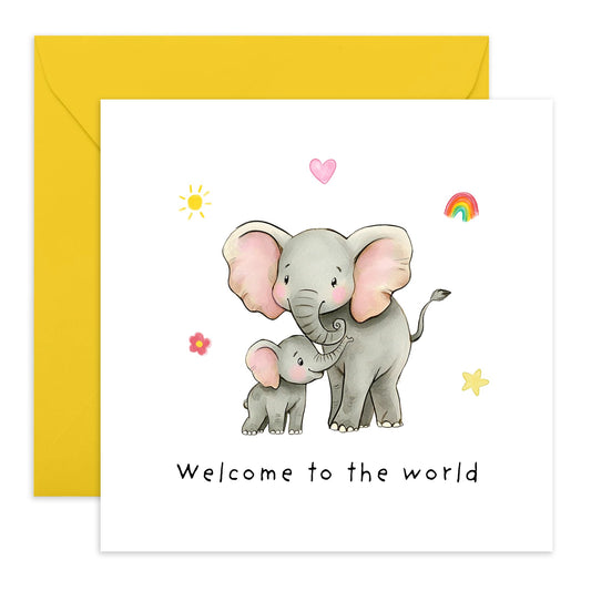 New Baby Celebration Card - 'Welcome To The World' - Gifts for Family, Friend, Bestie, BFF, Son, Daughter, Relatives - Elephants - Comes with Fun Stickers