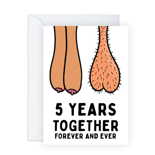 Hilarious 5th Anniversary Card - '5 Years Together Forever' - Gifts for Husband, Wife, Her, Him, Spouse, Partner, Honey, Babe - Balls and Melons - Comes with Fun Stickers