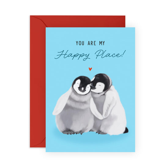 Cute Penguin Love Card - "You Are My Happy Place" - Romantic Greeting Presents for Partner, Wife, Husband, Babe or Spouse- Anniversary, or Valentine’s Day Gifts - Comes with Stickers