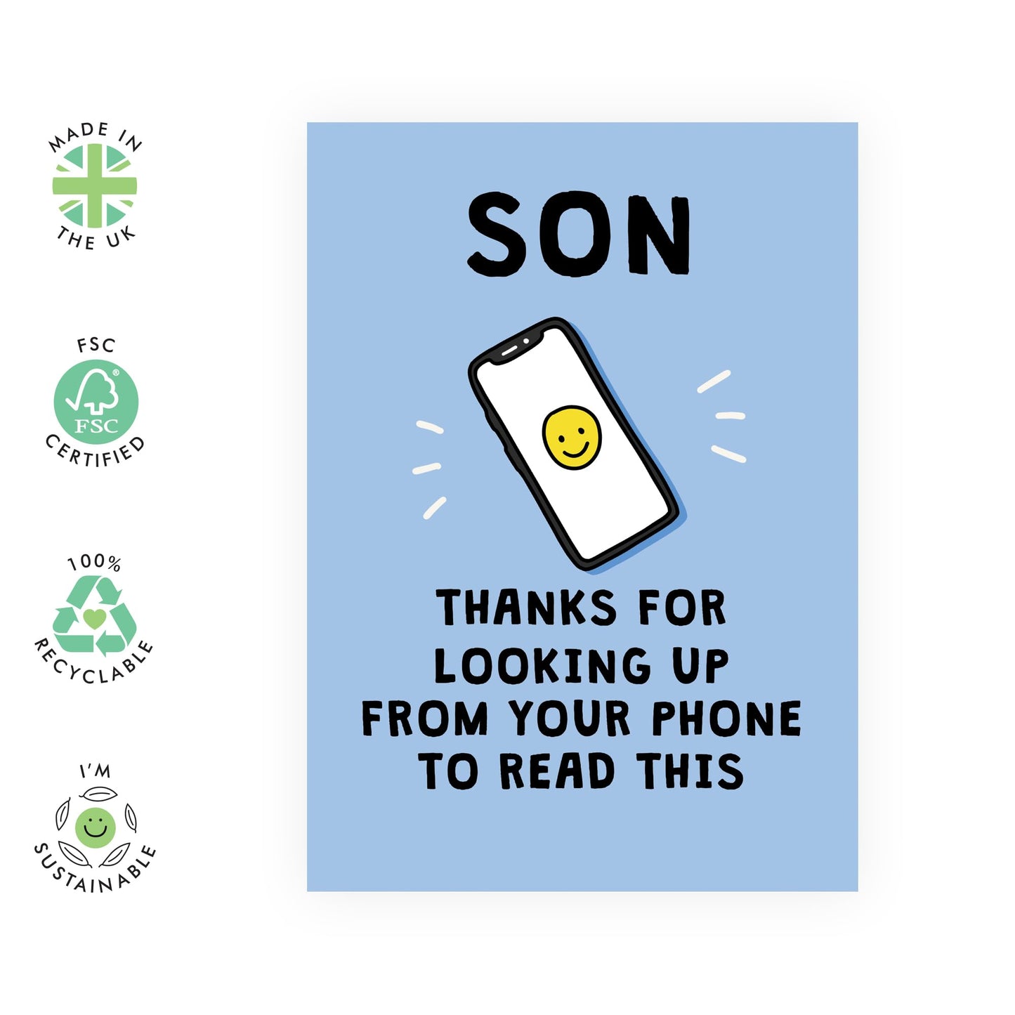 Funny Happy Birthday Card - 'Son Phone' - Gifts for Teenage Boys, Sons, Kids, Children, Family - Always on his phone - Comes with Fun Stickers