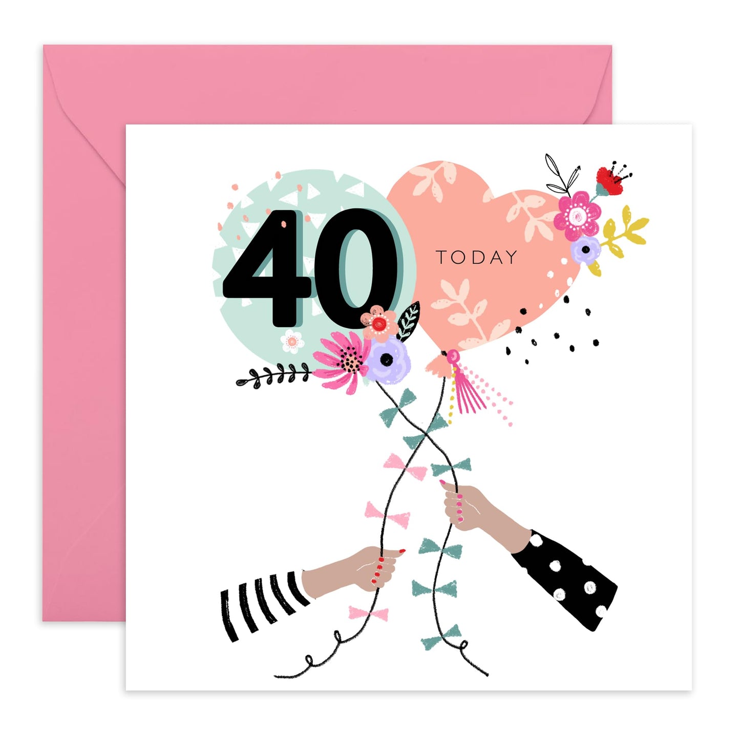 40th Birthday Card For Wife - 40 Today Pretty Balloons - Floral Birthday Card For Mum - Sister - Bday Card - Happy Fortieth Birthday Greeting Card Female Friends - Comes With Stickers By Central 23