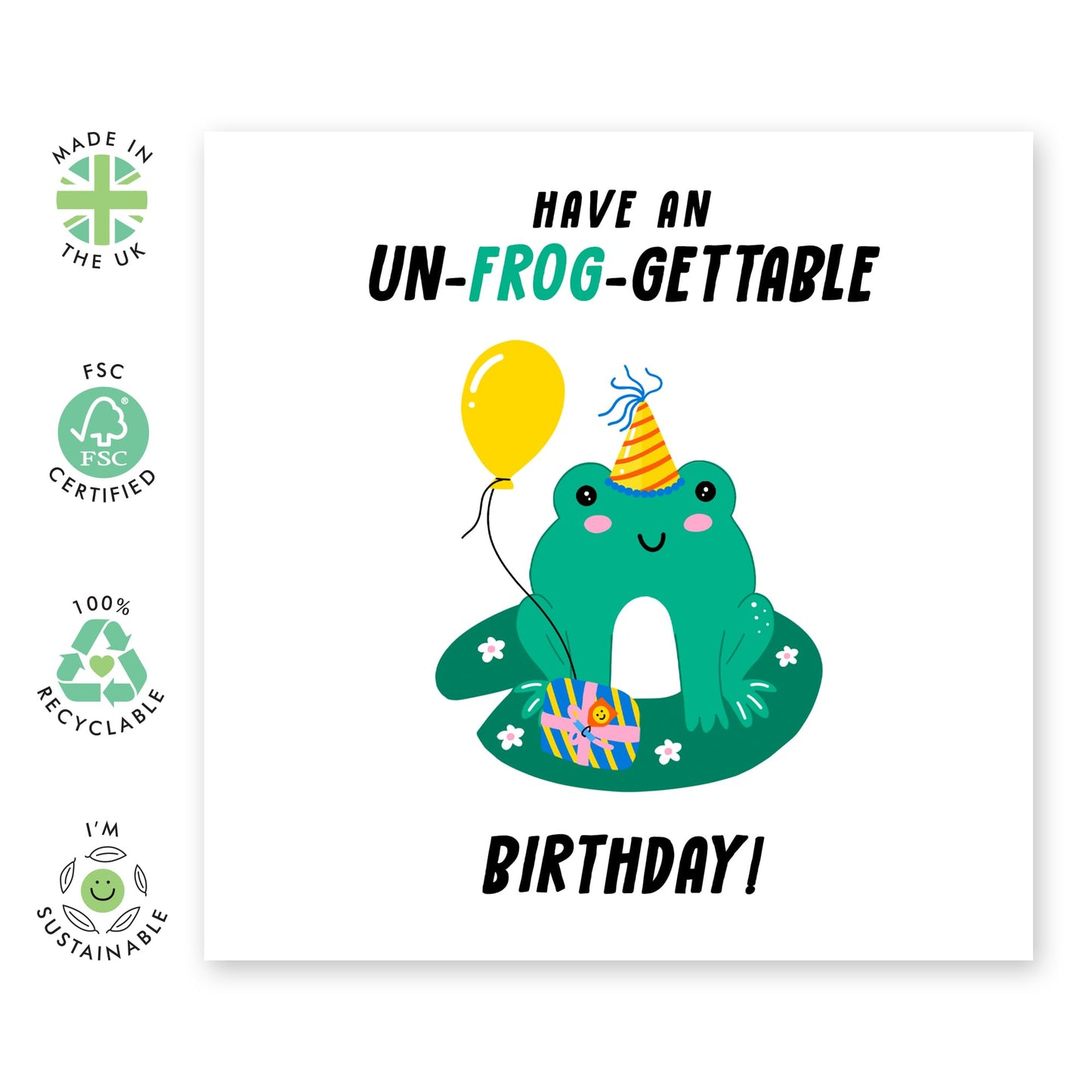 Cute Frog Birthday Card - 'Unfroggettable Birthday' - Gifts for Him, Her, Friend, Colleagues, Niece, Nephew - Party Hat & Balloon - Comes with Fun Stickers