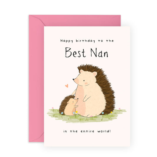 Cute Birthday Card for Her – "Hedgehog Nan" – Greeting Card for Grandma, Nanny, Granny, Grandmother, Grandparent - Adorable Animals - Comes with Fun Stickers