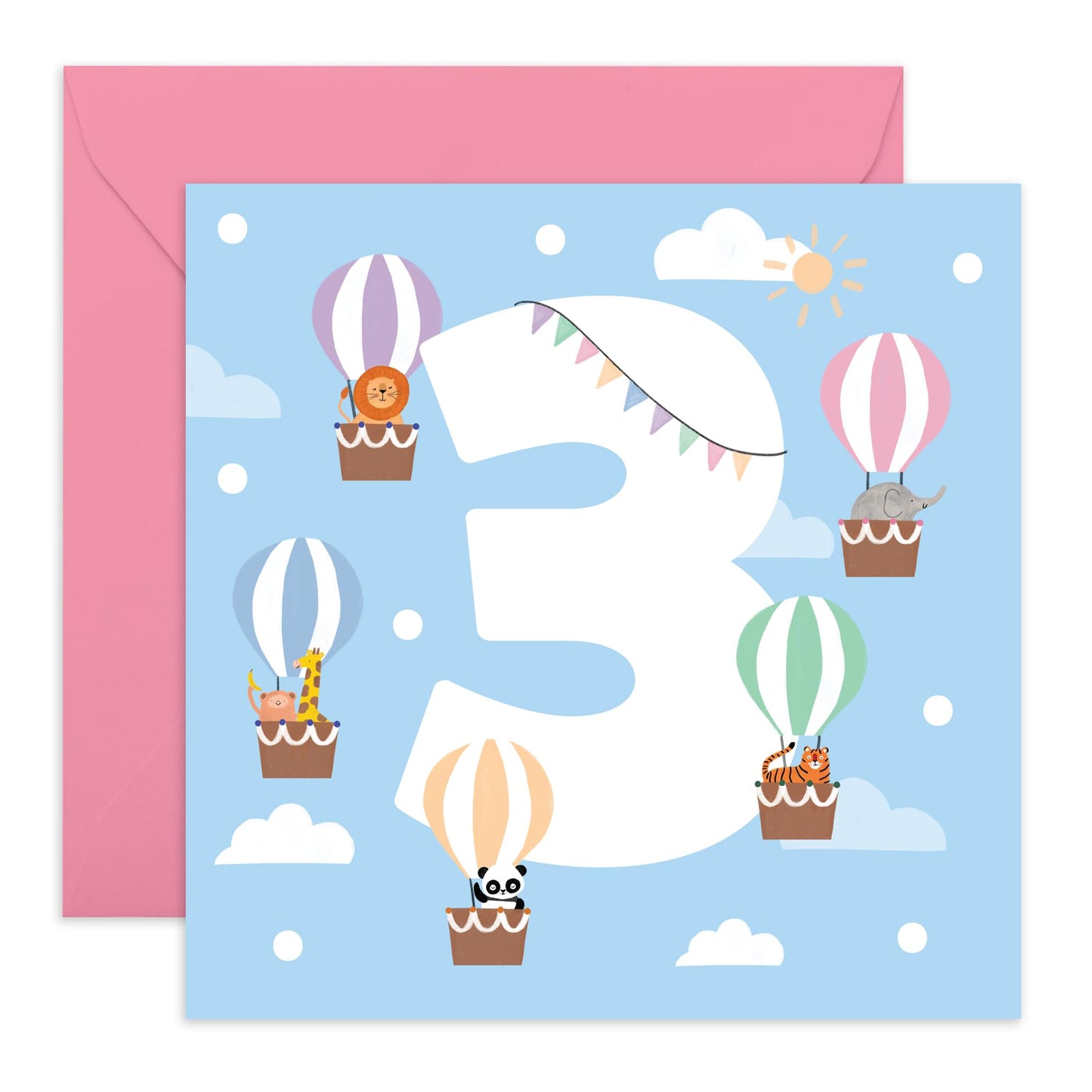 Cute Animals Birthday Card for Kids - 'Hot Air Balloons Three' - Gifts for Nephew, Niece, Grandchildren, Toddler, Children, Boys, Girls - 3 Years Old - Comes with Fun Stickers
