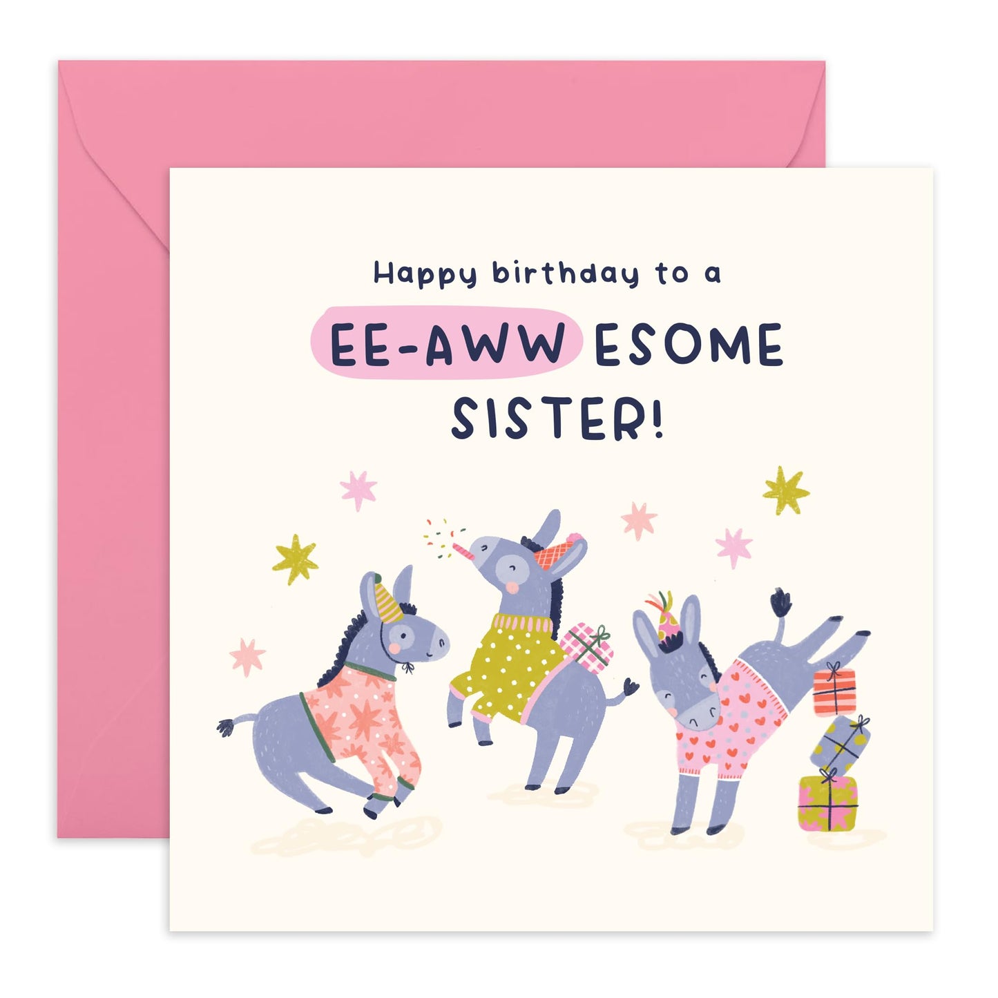 Donkey Party Birthday Card- 'Eee-Awesome Birthday Sister' - Gifts for Sibling, Sis, Her, Women - Enjoy - Comes with Fun Stickers