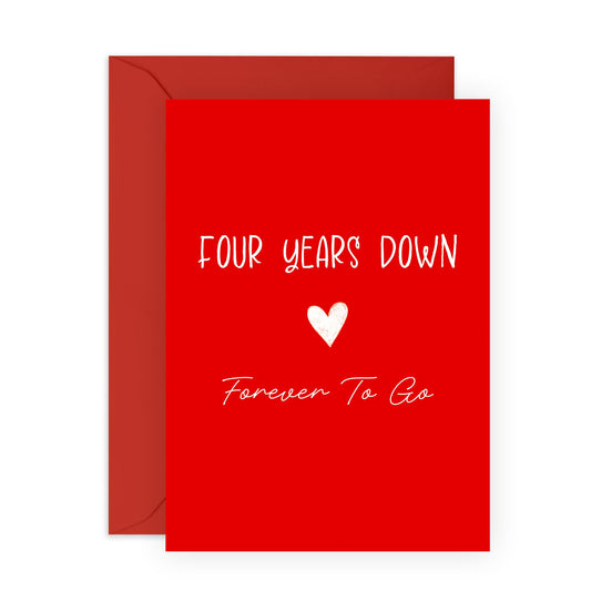 Romantic 4th Anniversary Card - 'Four Year Anniversary Red Heart' - Gifts for Him, Her, Wife, Husband, Babe, Hun, Girlfriend, Boyfriend - Classic Red for Women Men - Comes with Fun Stickers