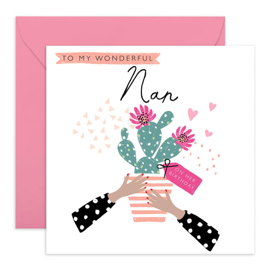 Happy Birthday Cards For Nan - To My Wonderful Nan - Birthday Card For Her Women - Grandma Greeting Cards Cactus and Flowers - Nanny Grandmother Granny Gifts - Comes With Fun Stickers By Central 23