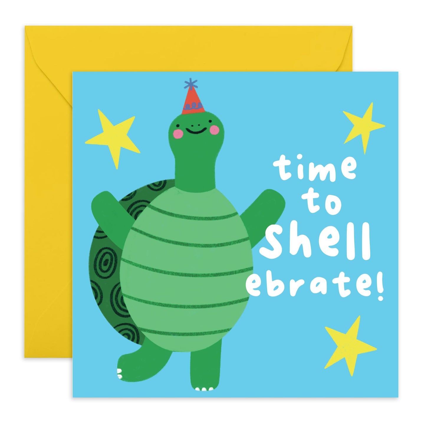 Celebration Birthday Card - 'Time to Shell-ebrate' - Cute Turtle Greeting for Friends, Best Buddies, Pals, Kids, Son, Daughter, Classmate - Adorable Pets - Comes with Fun Stickers