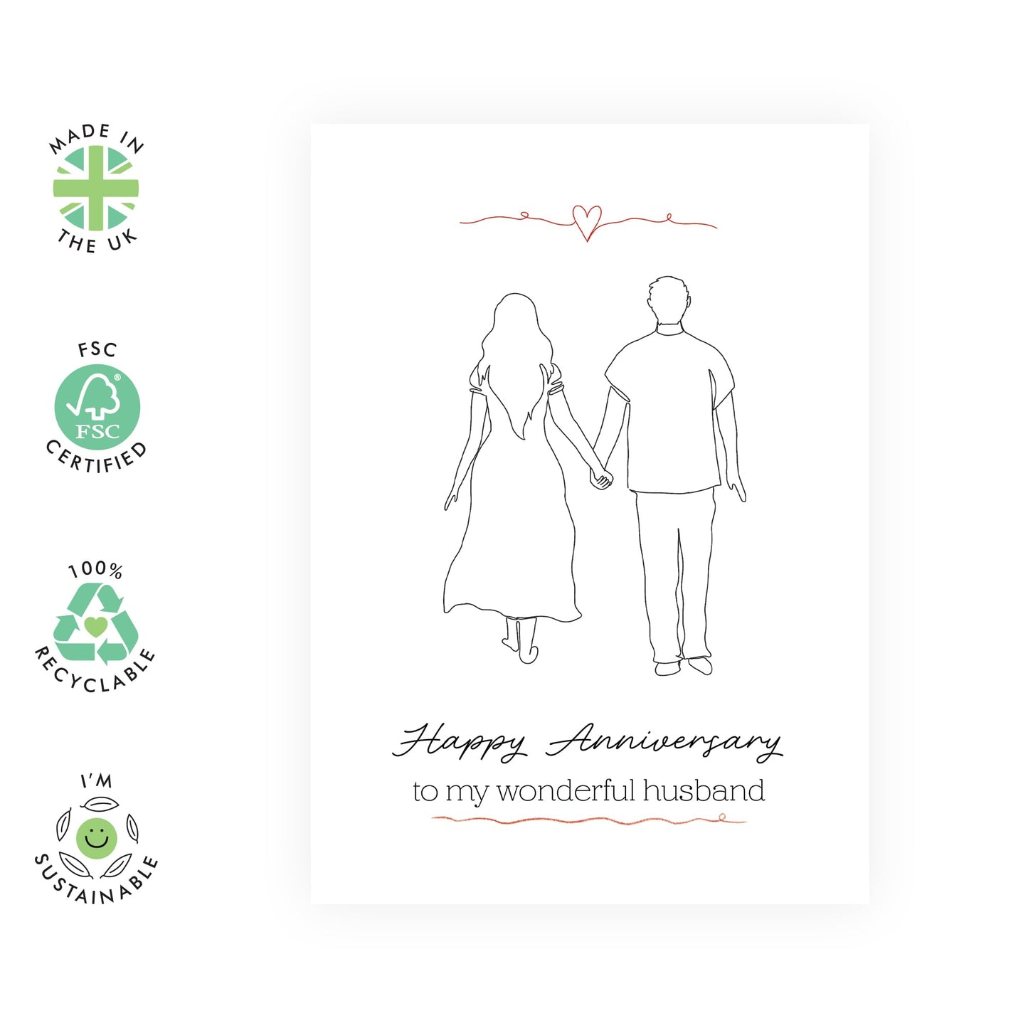 Thoughtful Anniversary Card for Him - 'Beautiful Husband' - Gifts for Babe, Hun, Other Half, Darling, Love - Holding Hands - Comes with Fun Stickers
