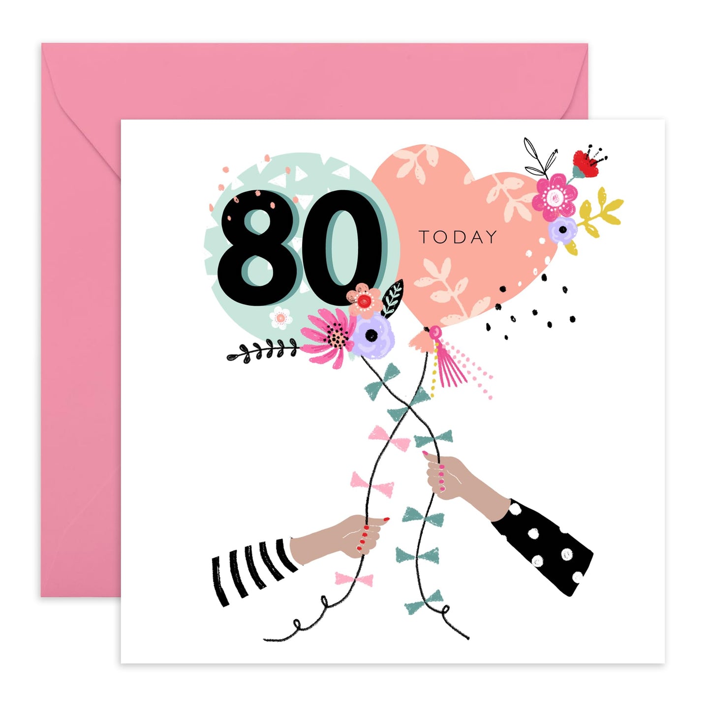 80th Birthday Card For Women - 80th Birthday Balloons - Grandmother Birthday Greeting Card - Floral Birthday Card - Happy Eightieth Birthday Card Grandma - Comes With Fun Stickers By Central 23