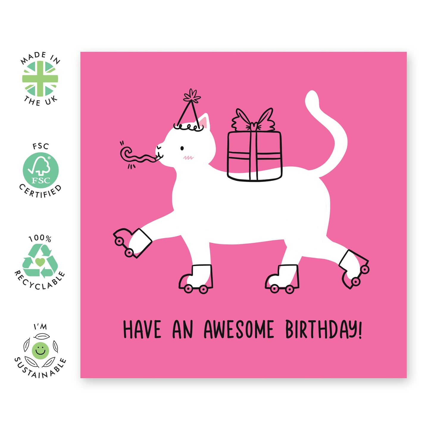 Awesome Birthday Card - 'Roller Skating Cat' - Gifts for Sister, Besties, Sis, Daughter, Niece, Kids, Children, Child, Her, Family - Cool Skater - Comes with Fun Stickers