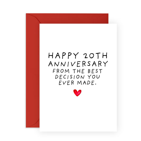 Humorous 20 Years Anniversary Card For Him Her - '20th Anni Best Decision You Ever Made' - Gifts for Babe, Girlfriend, Boyfriend, Husband, Wife - Couple Jokes - Comes with Fun Stickers