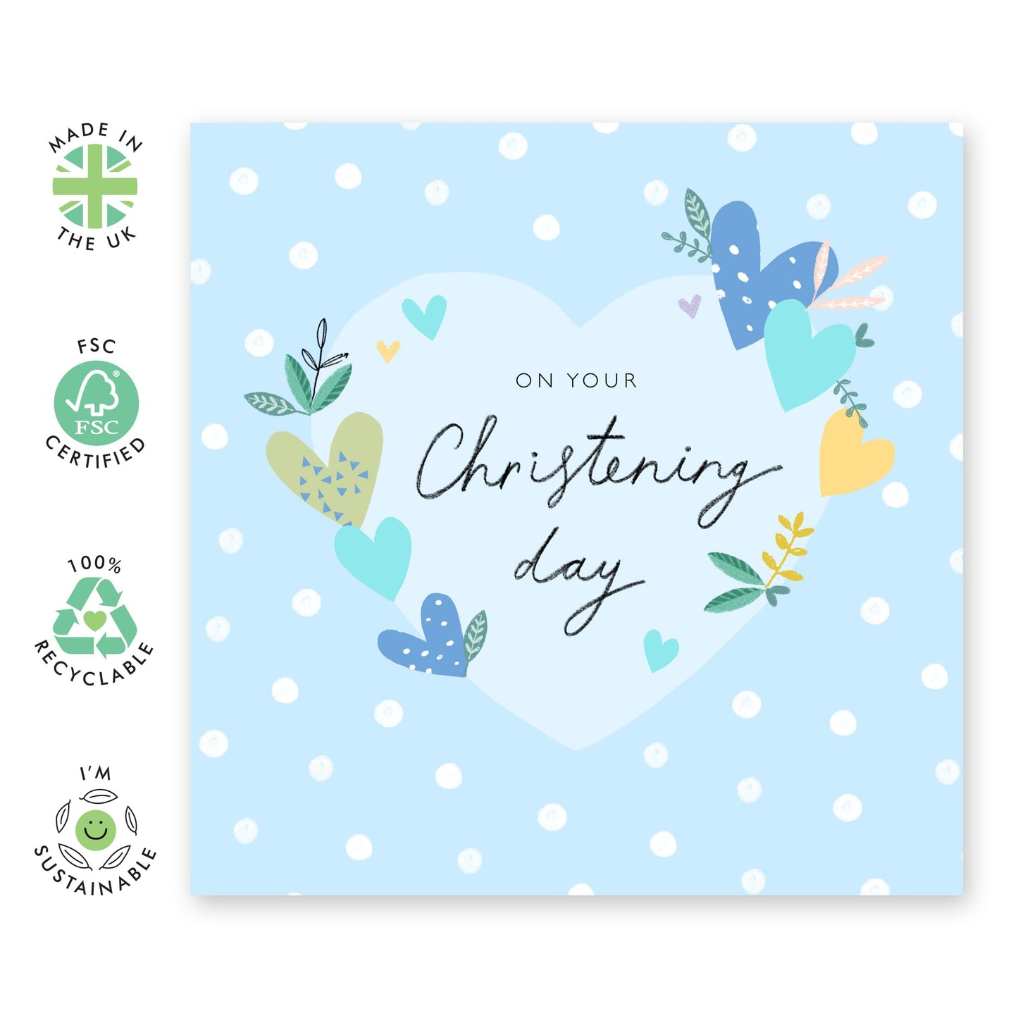 Christening Card For Baby Boy - Blue Hearts Christening - Dedication Day Card For Baby - Baptismal Card For Nephew - Baptism Grandson - Gift From Aunt Uncle - Comes With Fun Stickers By Central 23