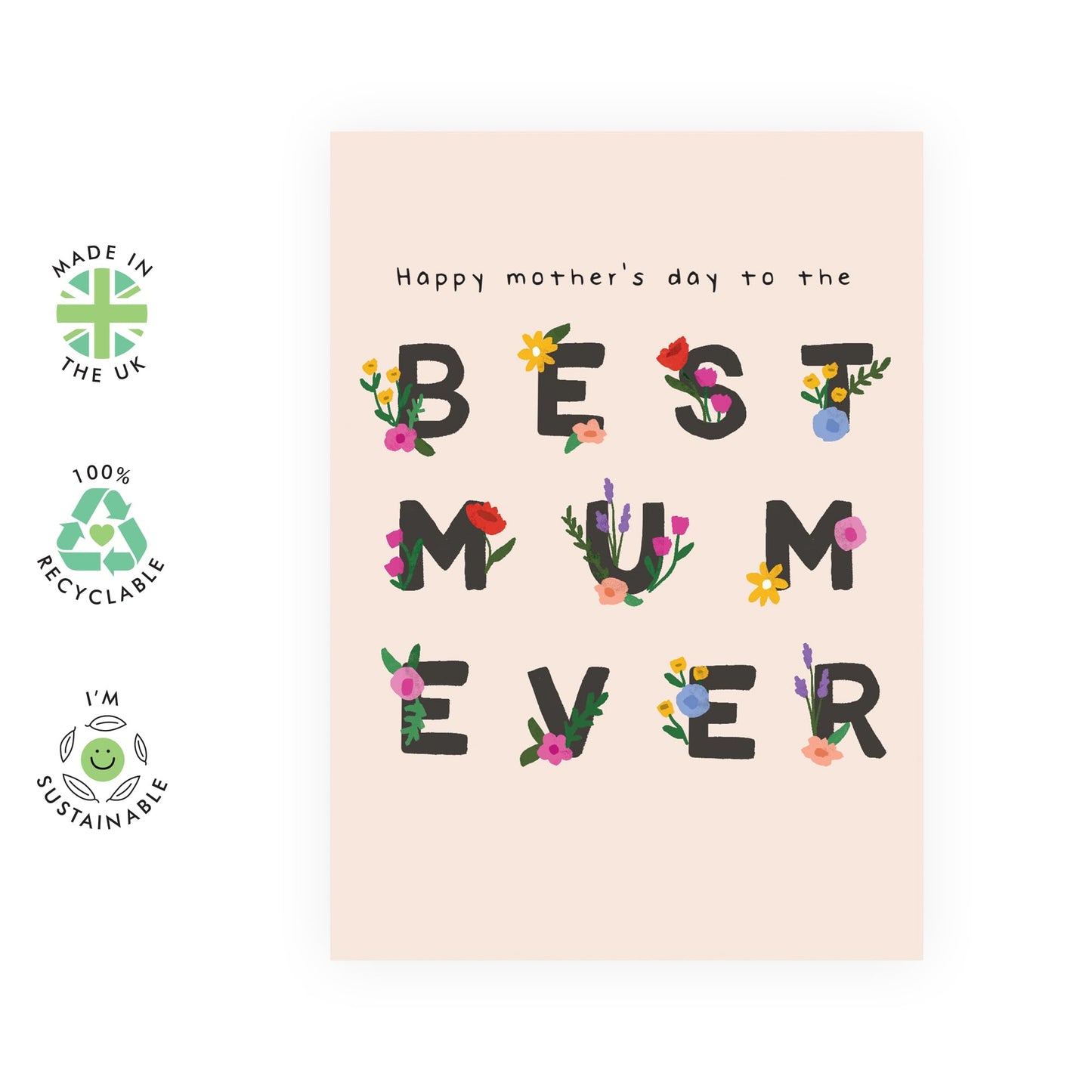 Mum's Mother’s Day Card – Beautiful Floral Lettering – Thoughtful Card for Mummy, Mama, Ma, Her, Wife, Partner, Sister, Grandma, Nan, from Son, Daughter, Husband, Grandchildren - Comes with Stickers