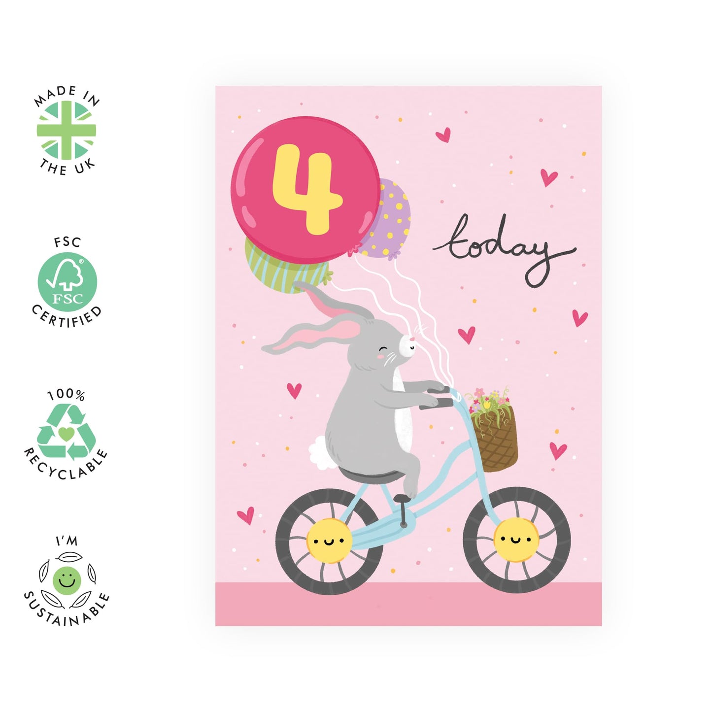 4th Birthday Card For Girls Boys - Bunny On Bike Age 4 Birthday - Pink Hearts Bunny - Fourth Bday Gifts For Son Granddaughter - Gift From Mum Dad - From Uncle Auntie - Comes With Cute Stickers