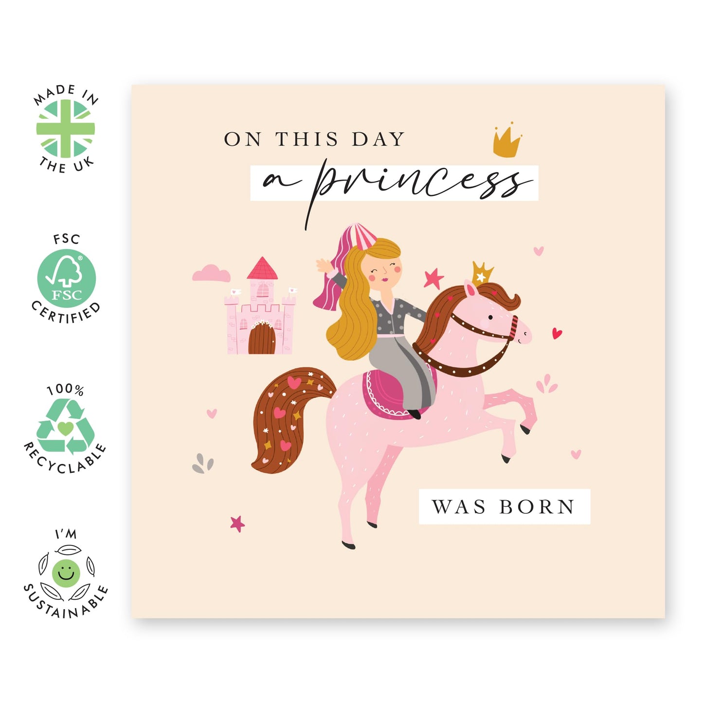 Cute Girl's Birthday Card - A Princess Was Born - Pony & Castle - Gifts for Her, Daughter, Ssister, Girls, Step Daughter, In Law, Women, Ladies, All Ages, Children - Comes with Fun Stickers