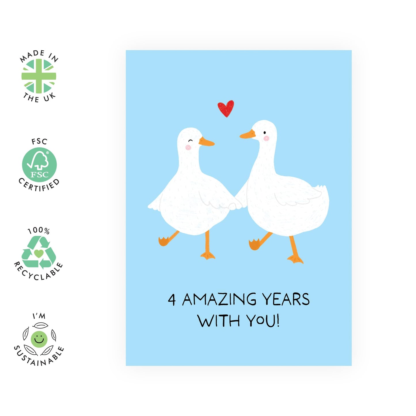 Cute 4th Anniversary Card for Him Her – Goose Couple - Gifts for Partner, Wife, Husband, Boyfriend, Girlfriend, Babe, Married, Women, Men - Amazing Fourth Year Together- Comes with Stickers