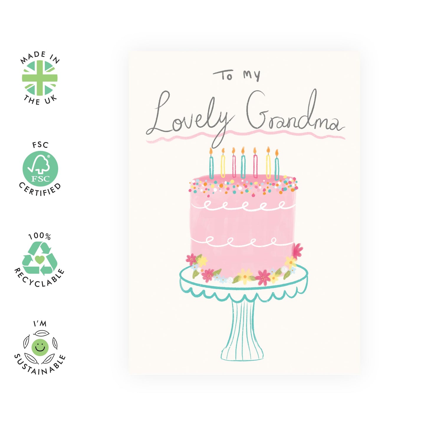 Thoughtful Birthday Card - 'To My Lovely Grandma' - Gifts for Grandmother, Nana, Grandparents, Family - Cake & Candles - Comes with Fun Stickers