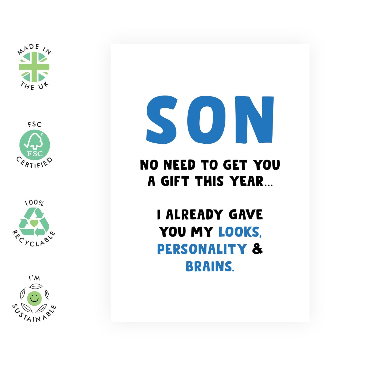 Son Birthday Card Adult - Looks Personality And Brains - Funny Birthday Cards For Men Him - Bday Greeting Cards For Son From Mum Or Dad - Comes With Stickers - By Central 23