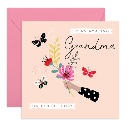 Grandma Birthday Card - Flowers Bunch And Butterfly - Nana Birthday Card For Her - Grandma Gifts For Women - Comes With Stickers By Central 23