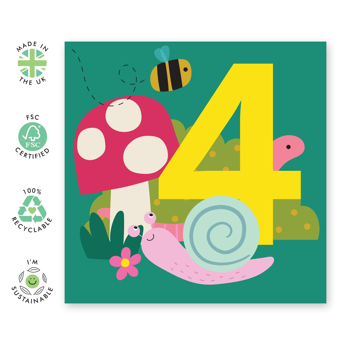 Fourth Birthday Card Boy Girls - Childrens Snail Age 4 - Birthday Card For Toddler - Kids Birthday Cards 4th Bday - Gifts For Him Son Daughter Nephew Grandson - Comes With Stickers By Central 23