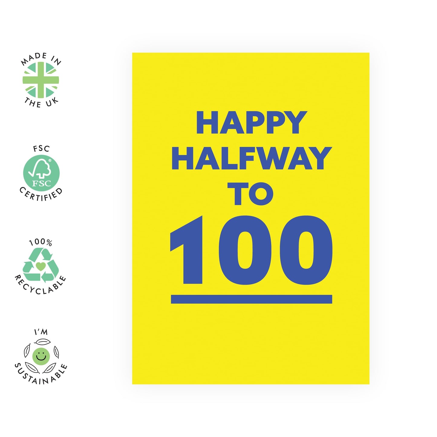 50th Birthday Card – "Happy Halfway to 100!" – Celebration Milestone Card for Him, Her Men, Women, Friends, Family- Fifty Years Old - Comes with Fun Stickers