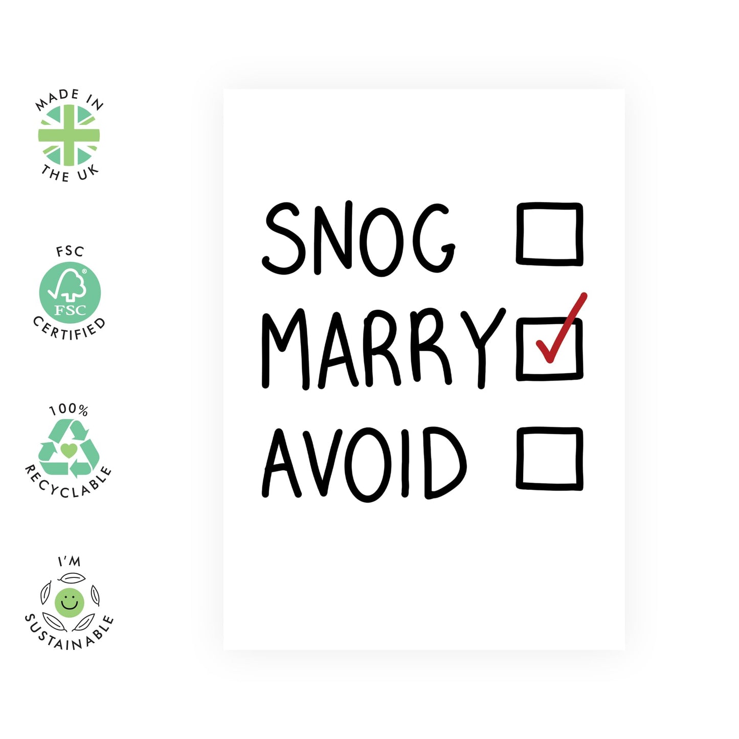 Hilarious Options Engagement Card - 'Snog Marry Avoid' - Gifts for Fiance, Fiancee, Him, Her, Babe, Other Half - List of Choices - Comes with Fun Stickers