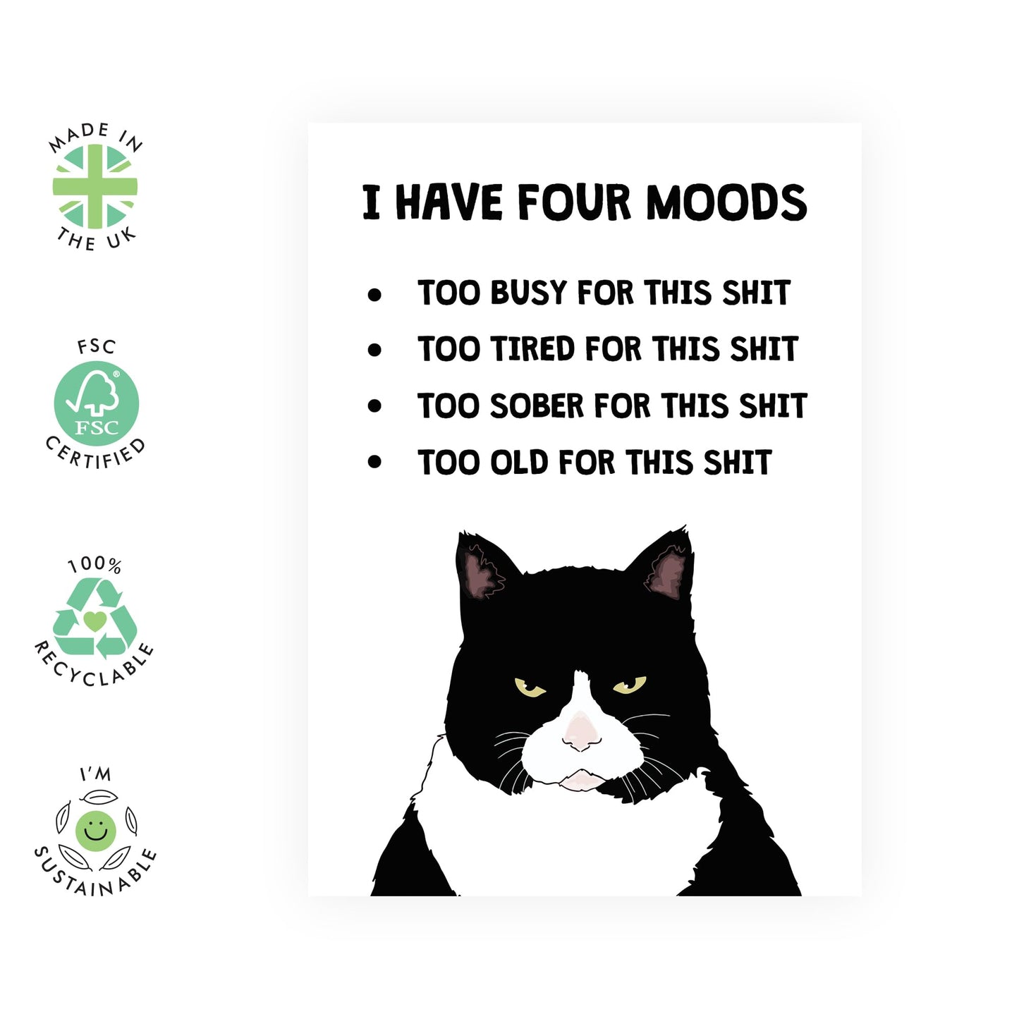 Funny Cat Birthday Card - Four Moods Cat - Humour Banter - Humorous Birthday Cards For Men - Rude Gifts For Women - Friends Birthday Card - Comes With Stickers - By Central 23