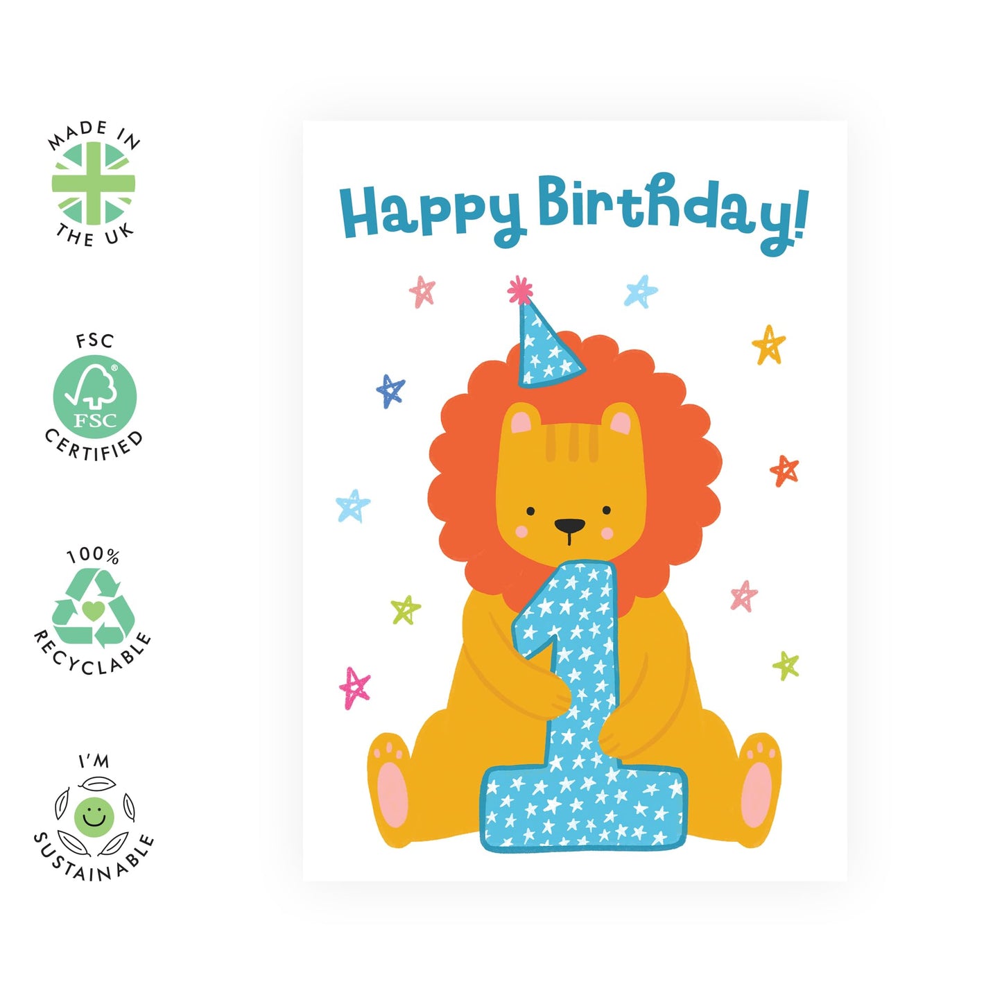 Boys Birthday Cards Age One - Children Age 1 Lion Birthday - 1st Birthday Cards For Kids Girls Baby - Gifts For Son Daughter Niece Nephew Godson - First Bday Card - Comes With Stickers By Central 23